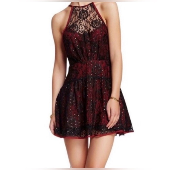 Free People Dresses & Skirts - Free People Wish Upon A Star Lace Mini Dress NWOT Red Black Size 8